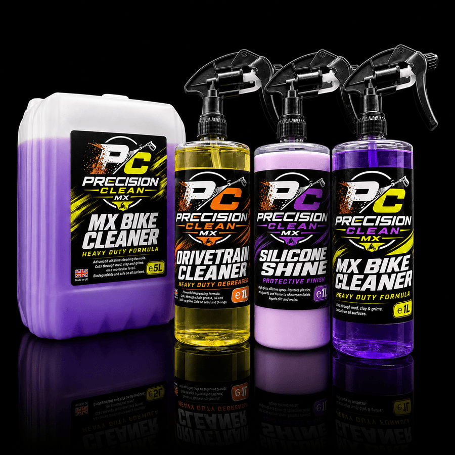 Precision Clean MX Filthy Weekend Motocross Bike Cleaning Kit with 1L Bike Cleaner, 5L Refill, Drivetrain Cleaner and Silicone Shine
