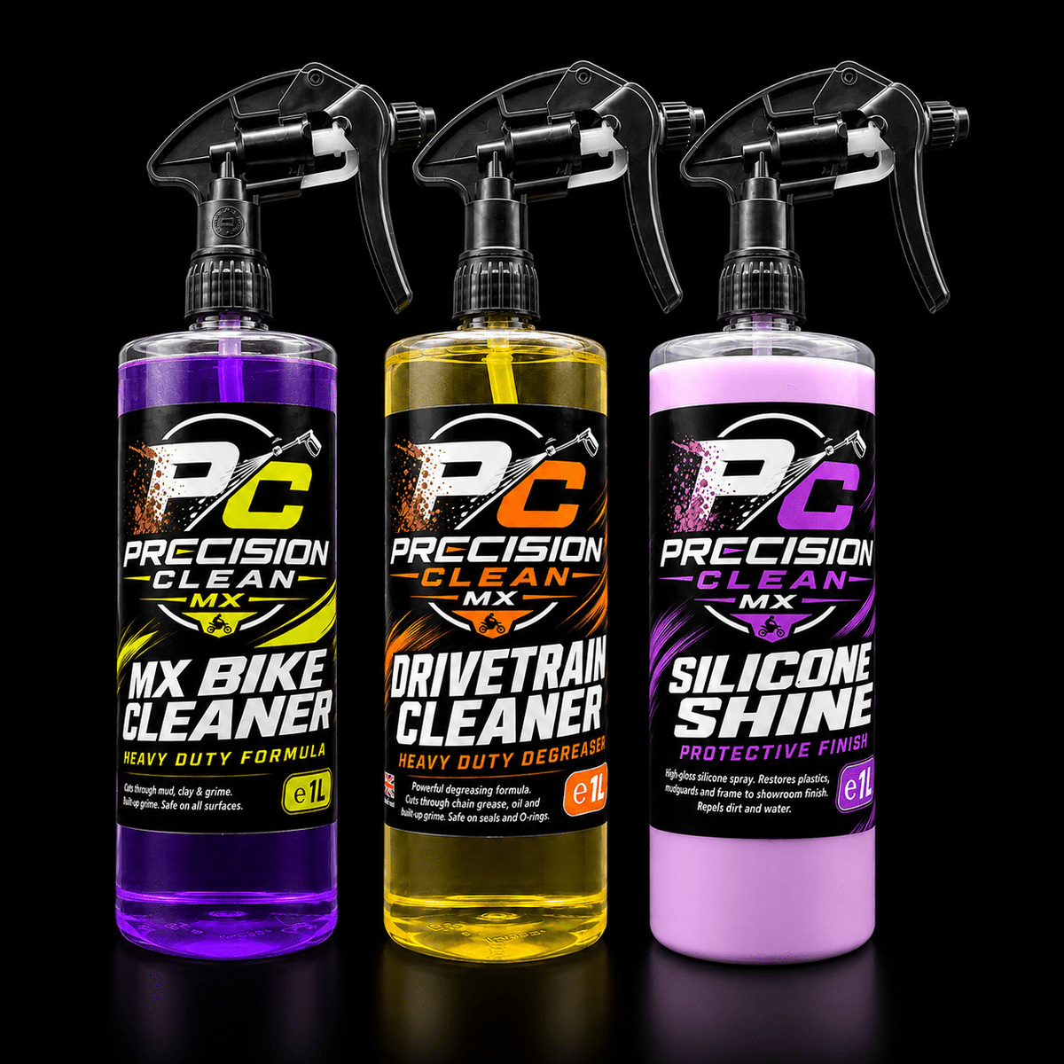 Precision Clean MX Bog Goblin Motocross Bike Cleaning Kit with 1L Bike Cleaner, Drivetrain Cleaner and Silicone Shine